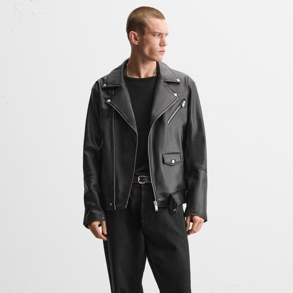 ZARA BLACK FAUX LEATHER MOTO BIKER JACKET BELTED ZIP COAT SIZE LARGE **NWOT** - Picture 5 of 13